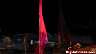 Lesbians lick pussy outdoors in boots