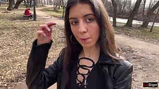 Girl gets cum on face for shocking public park walk
