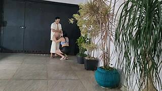 Risky garage sex with neighbor while husband showers