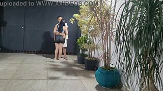 Risky garage sex with neighbor while husband showers