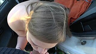 Blonde teen babe bends over after car breakdown for doggystyle.