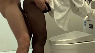 Boss fucks secretary in public bathroom and cums on her face