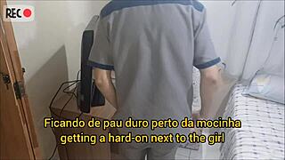 Redhead in uniform gets cum on ass from voyeur sex