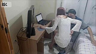 Redhead in uniform gets cum on ass from voyeur sex