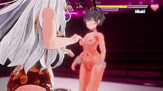 Exciting lesbian battle game with intense action and strategic moves in a competitive setting.