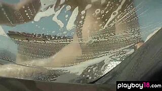 Feel the joy as ebony milf misty stone and her nude teen girlfriends wash the car in bubbles