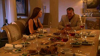 Brunette milf licks big cock in living room