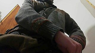 Young skinny girl masturbates big cock in bathroom while rain falls.