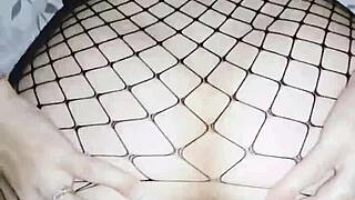 Passionate wife in stockings bends over for close-up anal doggystyle at home.