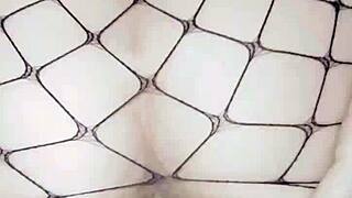 Passionate wife in stockings bends over for close-up anal doggystyle at home.