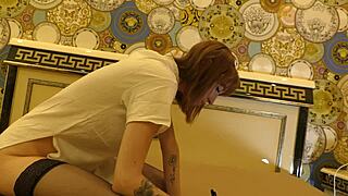 hot tight pussy skinny redhead braless and no panties on the bed gets bored and ignored in black stockings