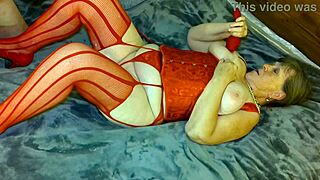 Granny Carmen in Red Gets Black Dildo and Cum