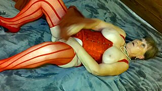 Granny Carmen in Red Gets Black Dildo and Cum