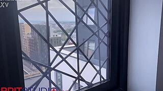 British blonde university student in uniform sucks with blue-eyed charm.