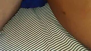 Heading to bed in blue lingerie for some self-touching