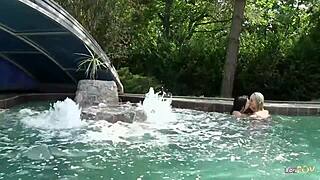 playful lesbian teens adore teasing depraved pussies by the pool
