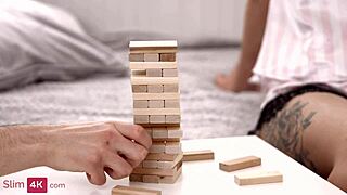Mia Lo plays Jenga, ending with a creampie for the skinny teen