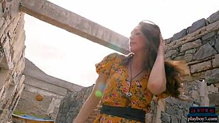 natural brunette milf willa prescott undresses shaved pussy and boobs in outdoor striptease