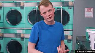 A guy bangs busty milfs in the laundry room with deepthroat