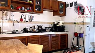 Housewife in pantyhose reaches orgasm while cooking in the kitchen