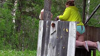 mature lesbians in lingerie get watched by voyeur in public park