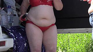 mature lesbians in lingerie get watched by voyeur in public park