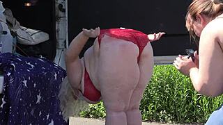 mature lesbians in lingerie get watched by voyeur in public park