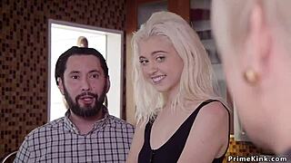 Blonde Step Mom and Teen Share Cock in Kinky 3some with Whipping and Gagging.