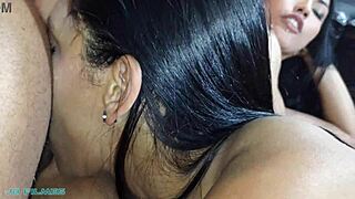 Two Latina lesbians grind hard to climax on my rod