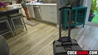 Cuck husband invites worker to fuck his shaved brunette milf wife hardcore