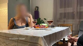 husband jerks hidden near stepmom under table