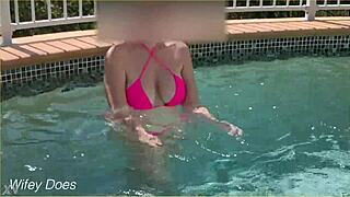 wife flashes tits in hotel pool