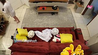 Hot wife receiving delivery man on sofa for fucking