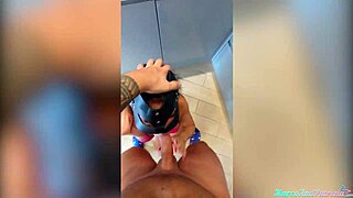 masked babe deepthroats monster cock then doggystyle fucks in kitchen for cumshot