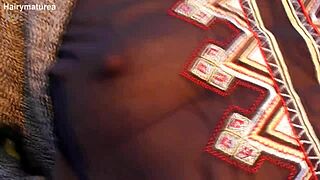 Hairy mature woman flashes pussy in see-through clothes, nude exhibitionist amateur