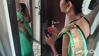 Village bhabhi Shivani stuns in green saree at a homemade gathering.