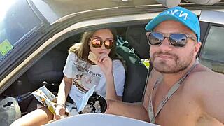 public teen gives risky blowjob to boyfriend on camping trip