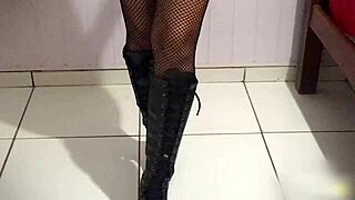 i give footjob in long leather boots till cum in pants