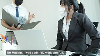 the female manager in the office tries to seduce her staff with anal and licking