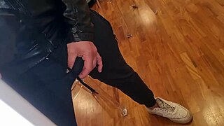 Sexy perverse moans during masturbation with pissing and leather jacket