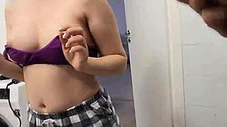 stepsister watches stepbrother jerk on big tits in shower