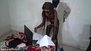 the african secretary forgot her office costume and removed her clothes in front of her boss, revealing her hot skinny body