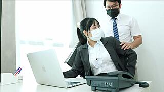 the female manager in the office tries to seduce her staff with anal and licking