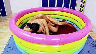 Romana Ryder and Tammie Lee dive into a messy lesbian jelly fight with intense licking and fingering.