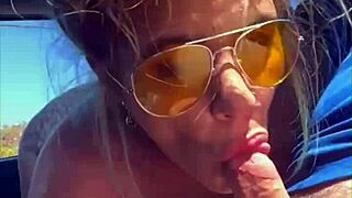 Cheating blonde whore sucks cock and gets facial in public midday