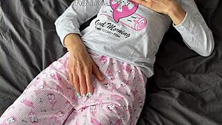 I’m a horny 18yo teen in pajamas, fingering my wet pussy to squirt. Then I get a massive cumshot from a huge cock!