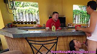 Petite Teen Anally Rides Senior's Cock Outdoors