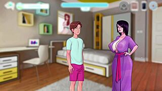 Oh, look at those big tits and ass on the fat teacher in this cartoon game! She's a BBW MILF with huge boobs!