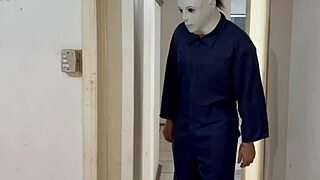 halloween terror with michael myers in a wild cosplay scene