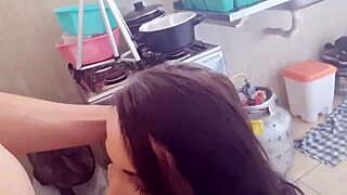 Stepson sees housewife's swollen pussy in kitchen